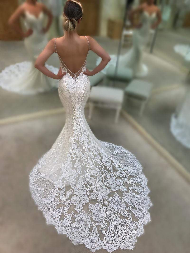 Mermaid V-Neck Open Back Lace Wedding Dresses Bead - ROYCEBRIDAL OFFICIAL STORE