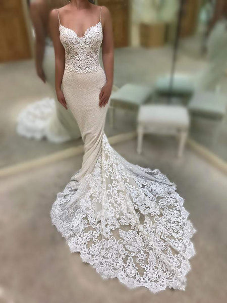 Mermaid V-Neck Open Back Lace Wedding Dresses Bead – ROYCEBRIDAL ...