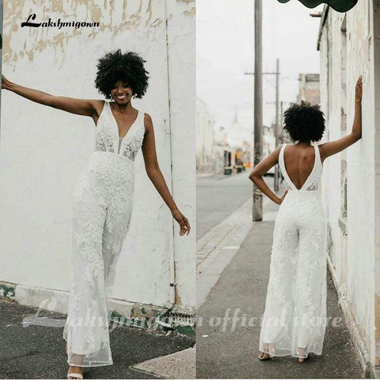 New Boho Jumpsuits Wedding Dresses Illusion V Neck Lace Appliques - ROYCEBRIDAL OFFICIAL STORE