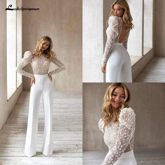 New Jumpsuit Boho Wedding Dresses Jewel Neck Lace Appliques - ROYCEBRIDAL OFFICIAL STORE