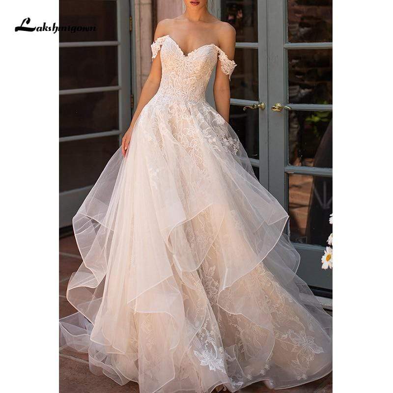 Off Shoulder A-Line Wedding Dress Sweetheart Court Train - ROYCEBRIDAL OFFICIAL STORE