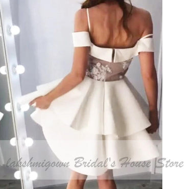 Off Shoulder Sexy Short Wedding Dress Simple Satin Bridal Gown - ROYCEBRIDAL OFFICIAL STORE