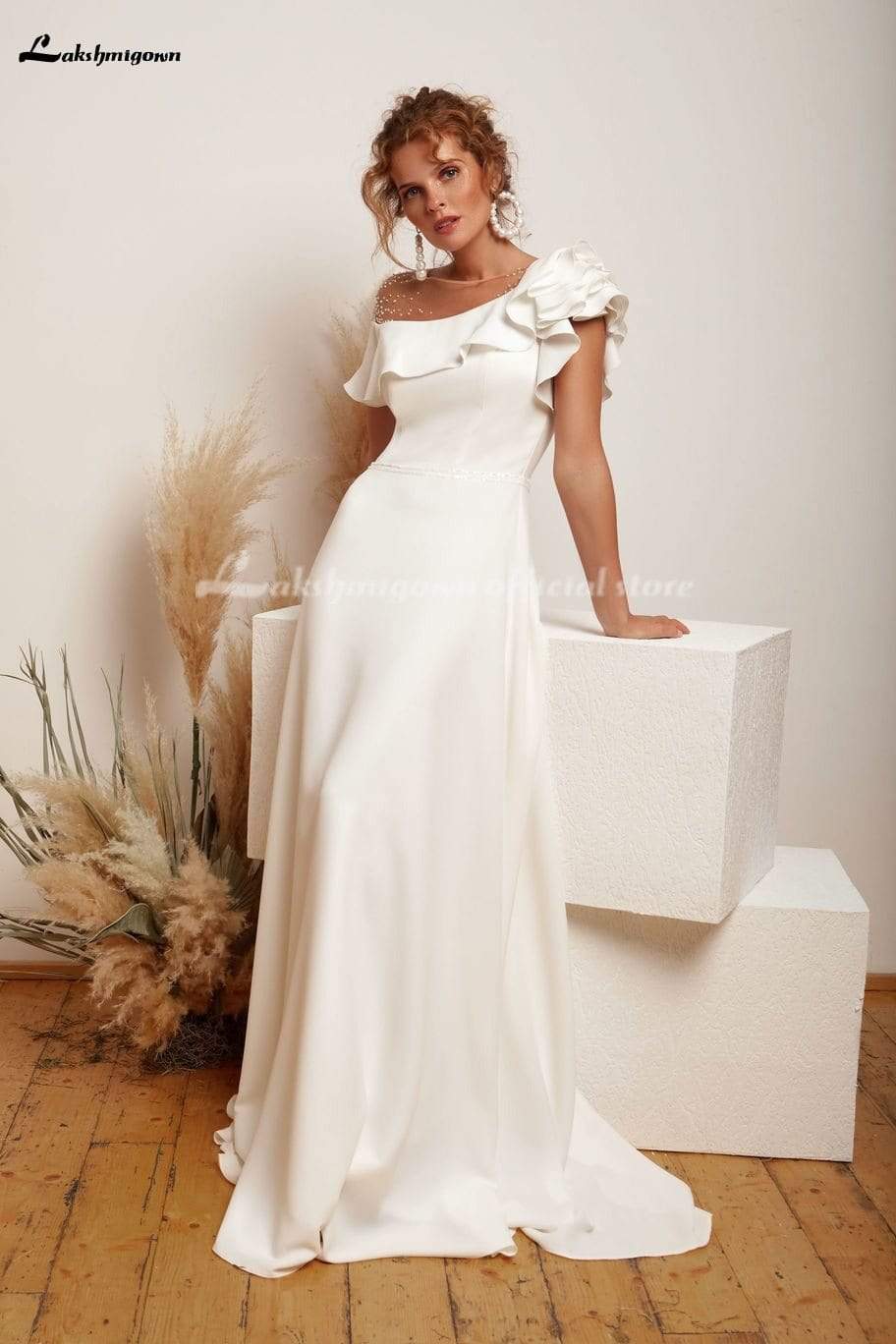 One shoulder satin Wedding Dress Elegant A-Line - ROYCEBRIDAL OFFICIAL STORE