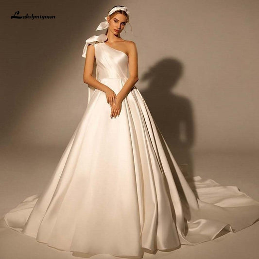 One Shoulder Satin Wedding Gowns Long Train - ROYCEBRIDAL OFFICIAL STORE