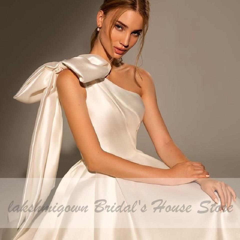 One Shoulder Satin Wedding Gowns Long Train - ROYCEBRIDAL OFFICIAL STORE