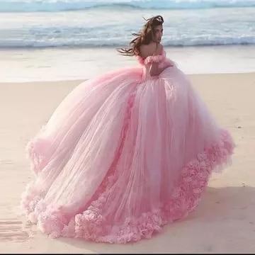 Romantic Poofy Pink Floral Wedding Dresses Off the Shoulder - ROYCEBRIDAL OFFICIAL STORE