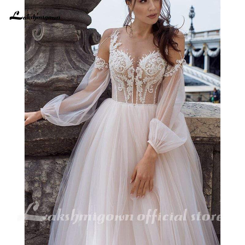 Pink Elegant A Line Bridal Dress with Lace Appliques - ROYCEBRIDAL OFFICIAL STORE