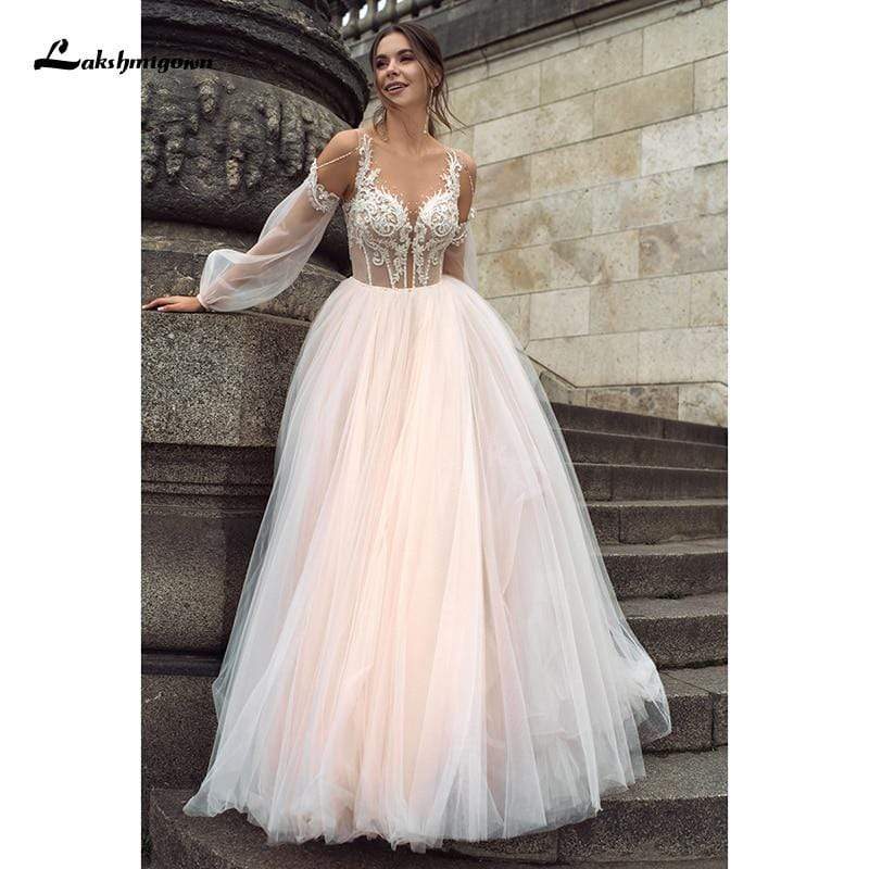 Pink Elegant A Line Bridal Dress with Lace Appliques - ROYCEBRIDAL OFFICIAL STORE