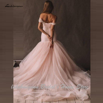 Pink Tulle Mermaid Wedding Dress Women Off the Shoulder - ROYCEBRIDAL OFFICIAL STORE