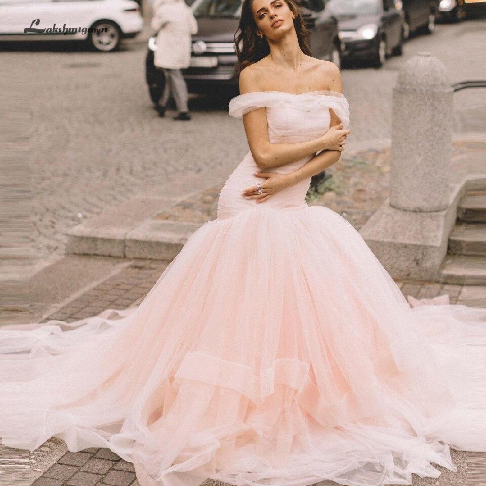 Pink Tulle Mermaid Wedding Dress Women Off the Shoulder - ROYCEBRIDAL OFFICIAL STORE