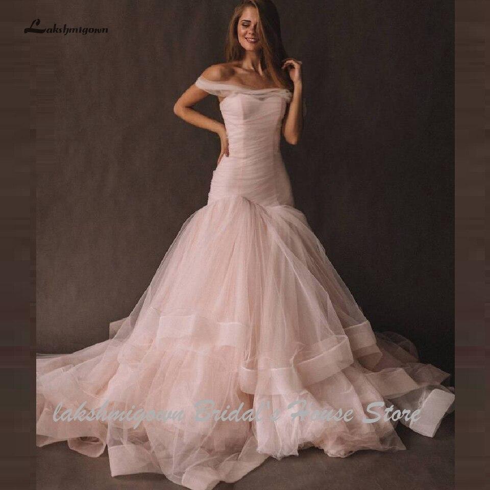 Pink Tulle Mermaid Wedding Dress Women Off the Shoulder - ROYCEBRIDAL OFFICIAL STORE