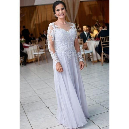 Plus size Chiffon Mother Of The Bride Dresses Illusion Long Sleeves Appliques Women Formal Wedding Guest Dresses Vestidos - ROYCEBRIDAL OFFICIAL STORE