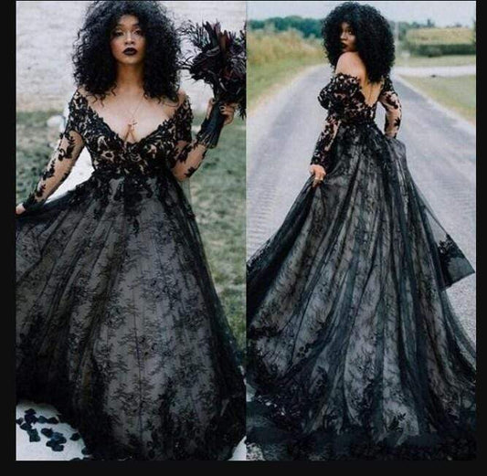 Plus size Gothic Black Wedding Dresses Sexy V Neck Long Sleeves - ROYCEBRIDAL OFFICIAL STORE