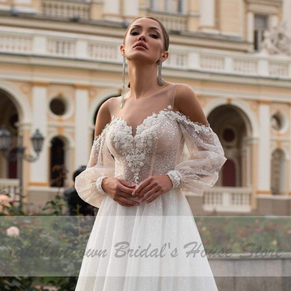 Princess Boho Wedding Dress with Puffy Sleeves Beach Style - ROYCEBRIDAL OFFICIAL STORE