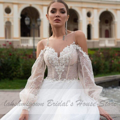 Princess Boho Wedding Dress with Puffy Sleeves Beach Style - ROYCEBRIDAL OFFICIAL STORE