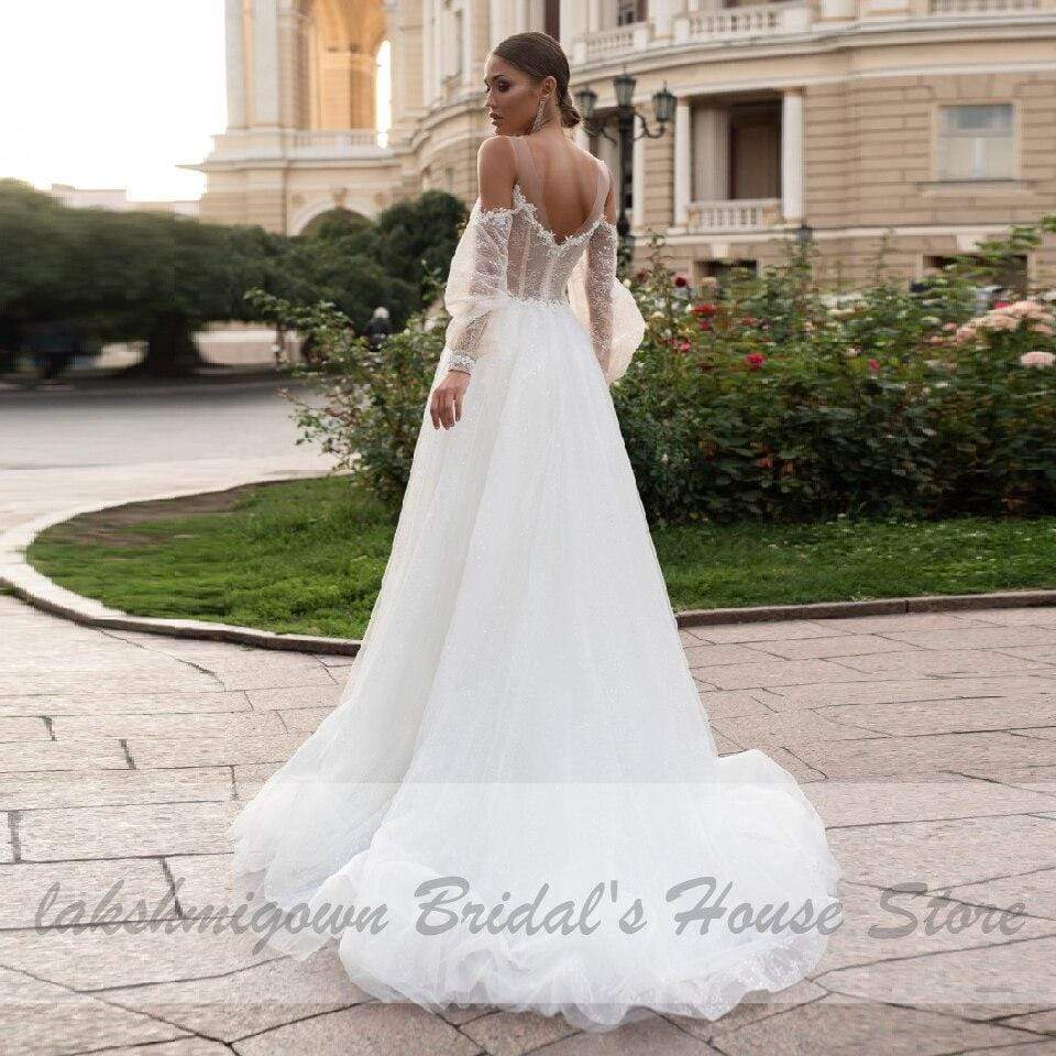 Princess Boho Wedding Dress with Puffy Sleeves Beach Style - ROYCEBRIDAL OFFICIAL STORE