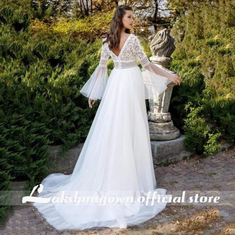 Princess Flare Sleeve Wedding Dresses V Neck A Line Tulle - ROYCEBRIDAL OFFICIAL STORE