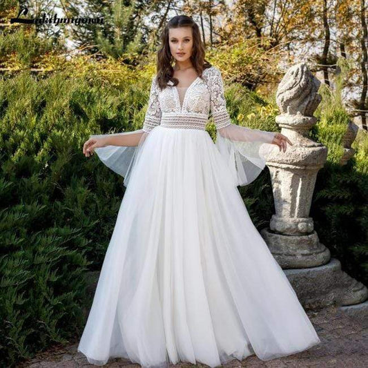 Princess Flare Sleeve Wedding Dresses V Neck A Line Tulle - ROYCEBRIDAL OFFICIAL STORE