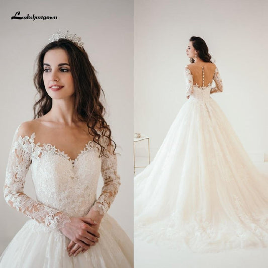 Princess Lace Ball Gown Wedding Dresses Long Sleeves - ROYCEBRIDAL OFFICIAL STORE