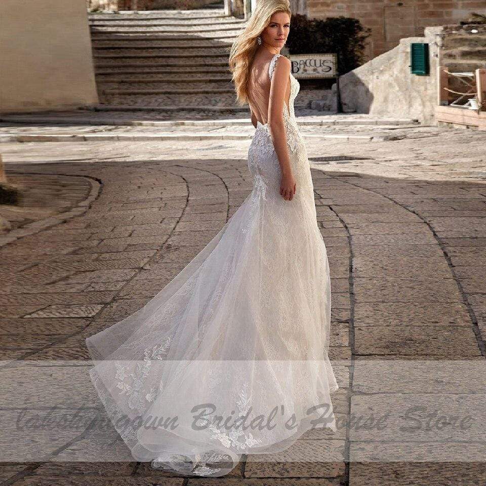 Princess Mermaid Wedding Dress Women Elegant Lace V-neck - ROYCEBRIDAL OFFICIAL STORE