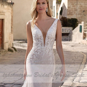 Princess Mermaid Wedding Dress Women Elegant Lace V-neck - ROYCEBRIDAL OFFICIAL STORE