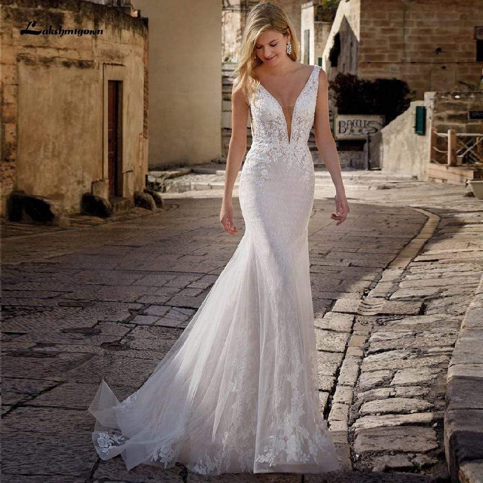 Princess Mermaid Wedding Dress Women Elegant Lace V-neck - ROYCEBRIDAL OFFICIAL STORE