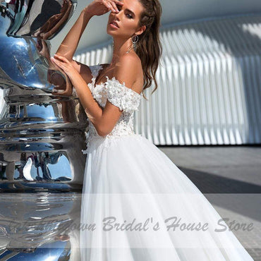 Princess Off Shoulder Wedding Dress Lace Up Back - ROYCEBRIDAL OFFICIAL STORE