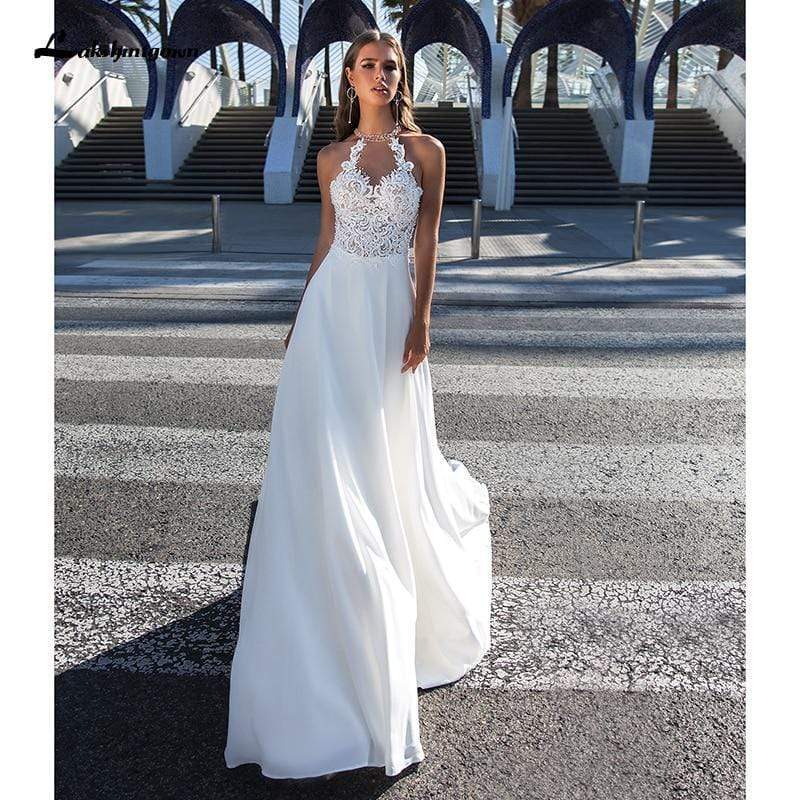 Princess Wedding Dress Boho A-Line Hater neck Backless - ROYCEBRIDAL OFFICIAL STORE