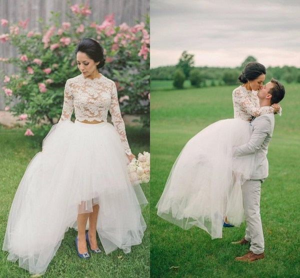 Wedding Dresses 2019 Two Pieces High Low Tulle Skirt Lace Top Long Sleeves Crew Women Bridal Gown robe de mariee novia mariage - ROYCEBRIDAL OFFICIAL STORE