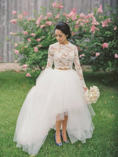 Wedding Dresses 2019 Two Pieces High Low Tulle Skirt Lace Top Long Sleeves Crew Women Bridal Gown robe de mariee novia mariage - ROYCEBRIDAL OFFICIAL STORE