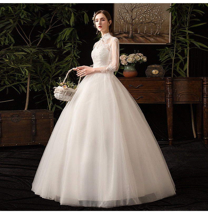 Roycebridal New High Neck Three Quarter Sleeve Wedding Dress Sexy Illusion Lace Applique Plus Size Vintage Bridal Gown Robe De Mariee L