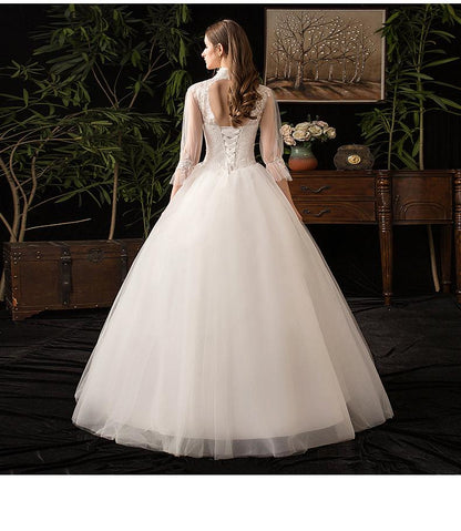 Roycebridal New High Neck Three Quarter Sleeve Wedding Dress Sexy Illusion Lace Applique Plus Size Vintage Bridal Gown Robe De Mariee L