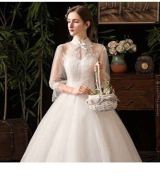 Roycebridal New High Neck Three Quarter Sleeve Wedding Dress Sexy Illusion Lace Applique Plus Size Vintage Bridal Gown Robe De Mariee L