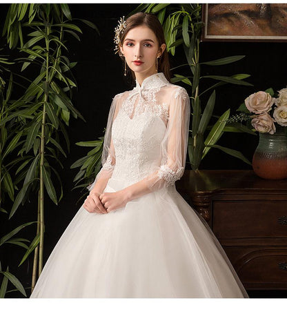 Roycebridal New High Neck Three Quarter Sleeve Wedding Dress Sexy Illusion Lace Applique Plus Size Vintage Bridal Gown Robe De Mariee L