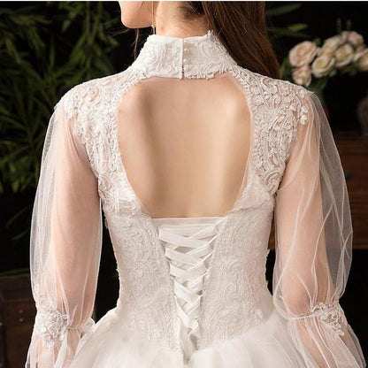 Roycebridal New High Neck Three Quarter Sleeve Wedding Dress Sexy Illusion Lace Applique Plus Size Vintage Bridal Gown Robe De Mariee L