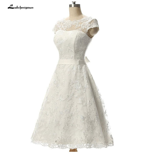 Lakshmigown Vintage Short Wedding Dress Knee-Length Lace Bridal Gow A Line Bridal Gowns vestido de noiva - ROYCEBRIDAL OFFICIAL STORE