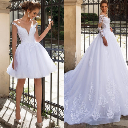 Lakshmigown Luxury A Line Wedding Dress 2 in 1 with Sleeves Lace Bridal Gown Vestido de Noiva Sexy Princess Tulle Wedding Gowns - ROYCEBRIDAL OFFICIAL STORE