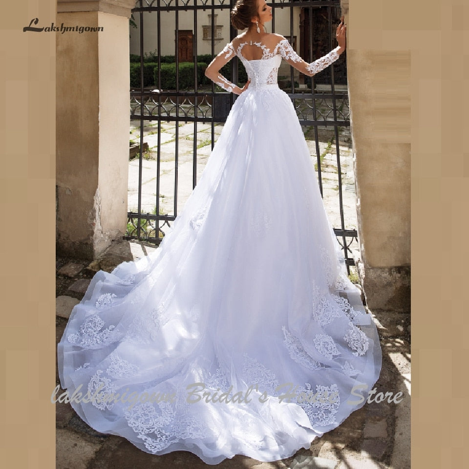 Lakshmigown Luxury A Line Wedding Dress 2 in 1 with Sleeves Lace Bridal Gown Vestido de Noiva Sexy Princess Tulle Wedding Gowns - ROYCEBRIDAL OFFICIAL STORE