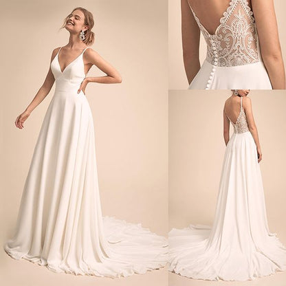 Roycebridal Simple V Neck Spaghetti Straps Chiffon A Line Wedding Dress With Lace Back Bridal Gown 2025