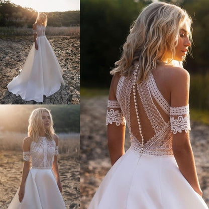 Roycebridal Robe De Mariee Bohemian Wedding Dresses New Design Lace Satin Bridal Gowns Button Back A-Line Wedding Dress