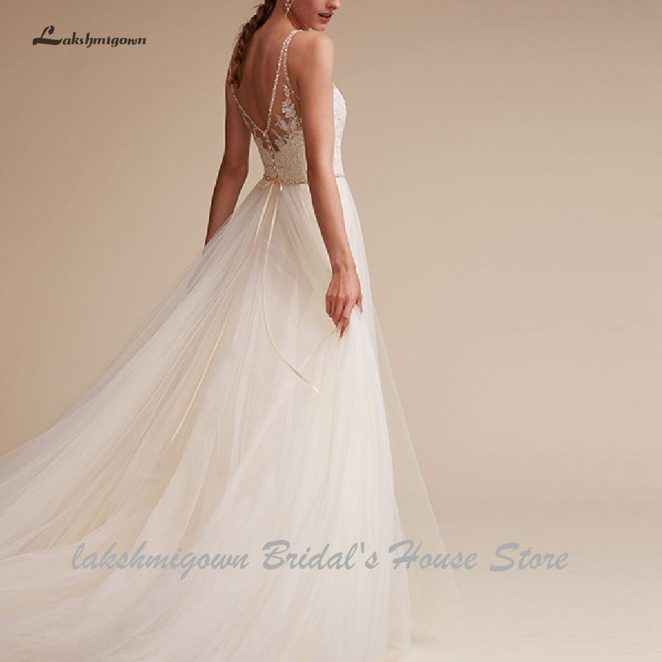 Lakshmigown Sexy Women A Line Wedding Dress Boho 2019 Vestidos de Fiesta de Noche Tulle Beach Wedding Dress White Bridal Gown - ROYCEBRIDAL OFFICIAL STORE