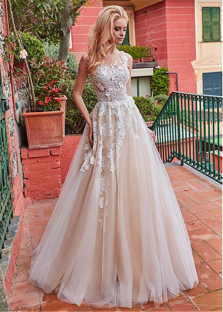 Roycebridal Marvelous Tulle Jewel Neckline A-line Wedding Dress With Lace Appliques & 3D Flowers Champagne Bridal Gowns