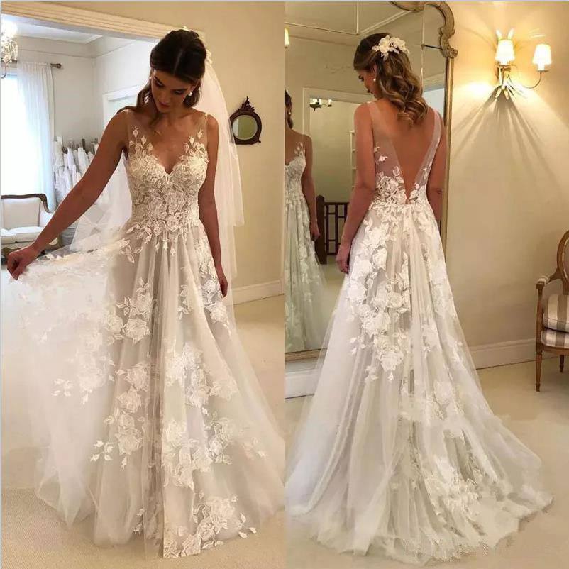 Fairy A Line Wedding Dress Sleeveless Vintage Boho Bridal Dress Deep V Neck Tulle Wedding Dresses Robe de mariee - ROYCEBRIDAL OFFICIAL STORE