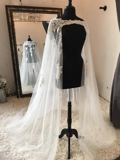 Long Bridal Wedding Cape Veil With Lace multiple White/ivory Wraps Appliques Lace Wedding Jacket Bridal Cloak - ROYCEBRIDAL OFFICIAL STORE