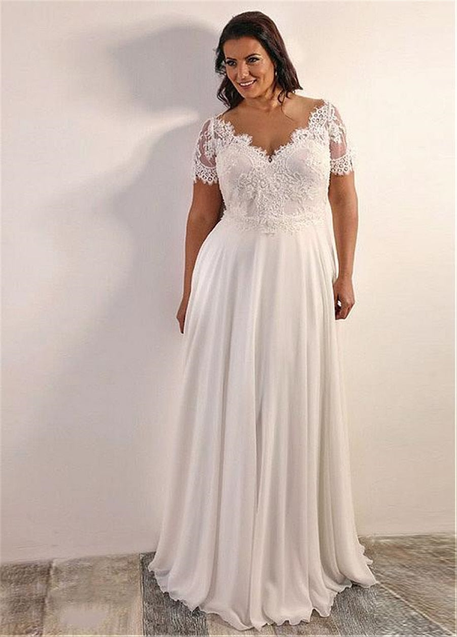 Roycebridal Chiffon A-line Plus Size Wedding Dress With Beaded Lace Appliques Short Sleeves Lace Up Back 28W Size Bridal Dresses