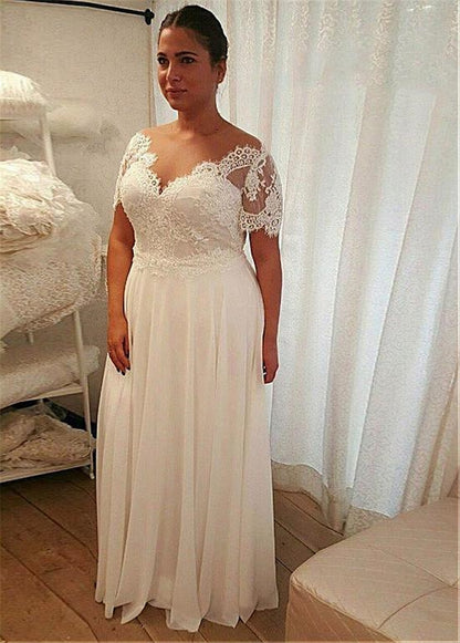 Roycebridal Chiffon A-line Plus Size Wedding Dress With Beaded Lace Appliques Short Sleeves Lace Up Back 28W Size Bridal Dresses