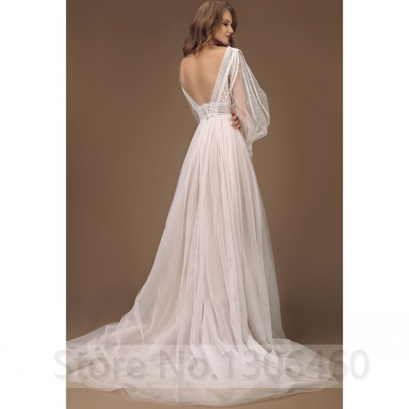 Elegant A-Line Wedding Dress Puff Sleeves Tulle Boho Wedding Gowns Sexy Backless Vestido De Novia Princess Wedding Party Dress - ROYCEBRIDAL OFFICIAL STORE