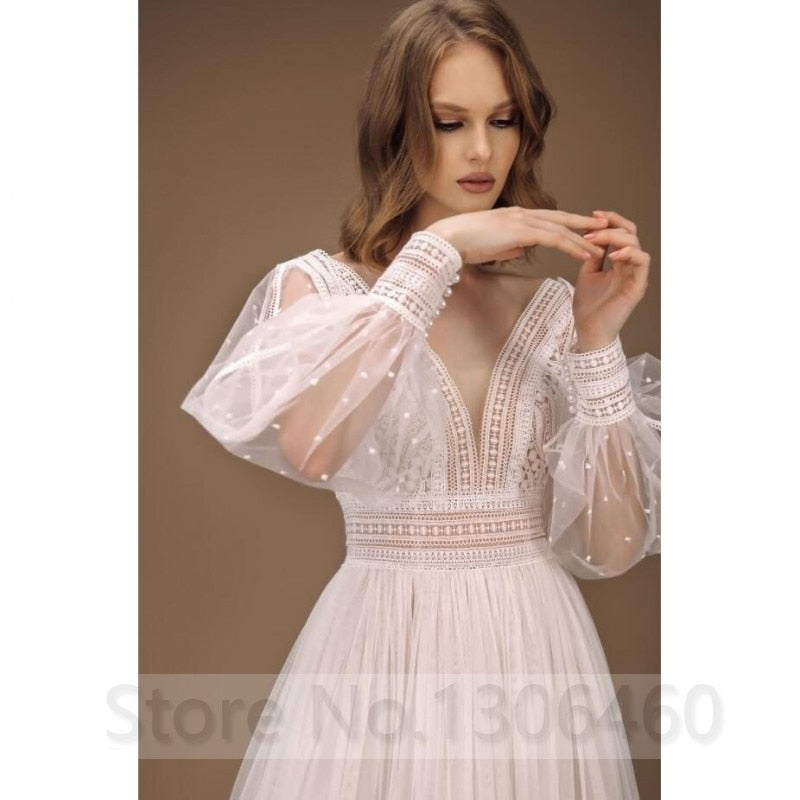 Elegant A-Line Wedding Dress Puff Sleeves Tulle Boho Wedding Gowns Sexy Backless Vestido De Novia Princess Wedding Party Dress - ROYCEBRIDAL OFFICIAL STORE