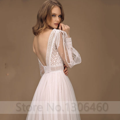 Elegant A-Line Wedding Dress Puff Sleeves Tulle Boho Wedding Gowns Sexy Backless Vestido De Novia Princess Wedding Party Dress - ROYCEBRIDAL OFFICIAL STORE