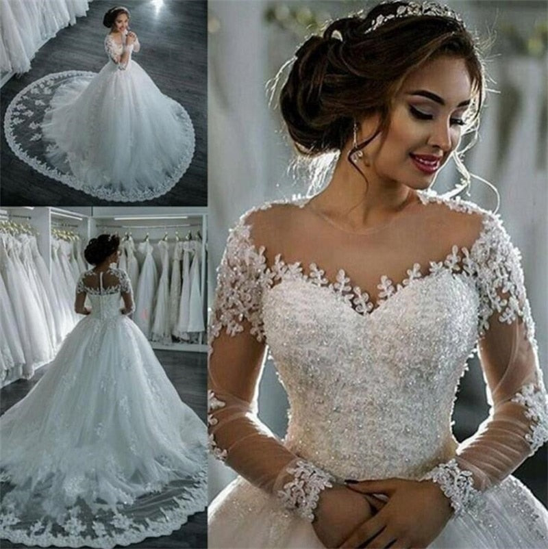 Roycebridal Vestidos De Noiva 2021 Elegant A-Line suknia slubna Wedding Dress Tulle Appliques Beaded Princess Lace Wedding Gowns trouwjurk